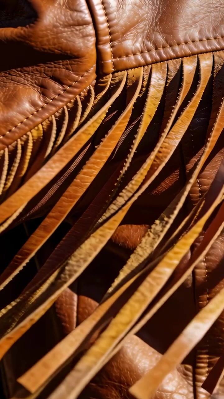 Video verticale: Frange di pelle che si muovono su una borsa in macro a causa del vento, movimento della telecamera, che mostra una cucitura