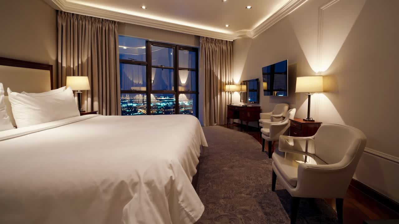 Luxurious hotel room with a king-size bed, elegant decor, and city view