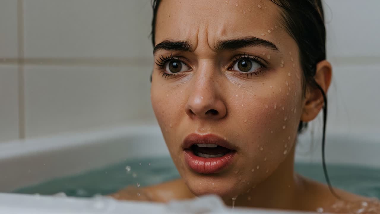 Emotional Tension and Anxiety Captured in a Close-Up of a Young Woman in a Bathtub, Grappling with a Dark Moment of Realization and Fear