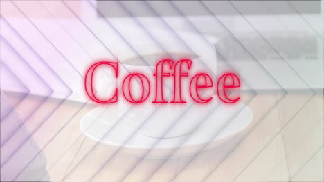 white coffee cup being showcased on wooden table with neon red coffee overlay and diagonal stripes