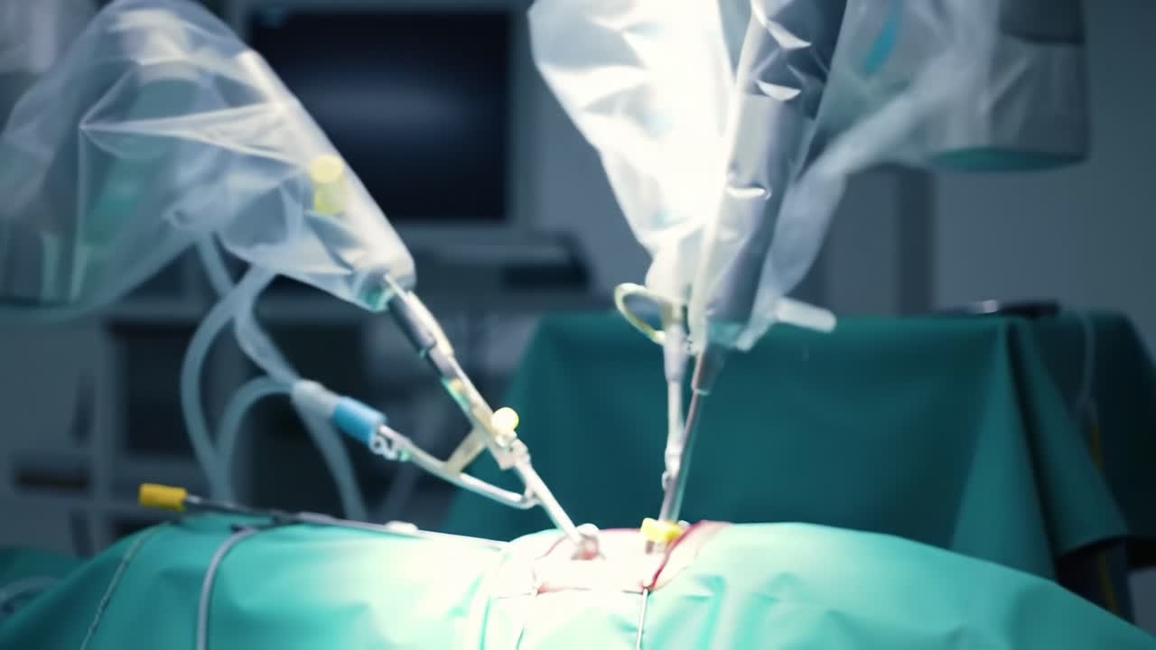 This engaging clip shows a robotic surgical system performing intricate procedures in a hospital operating room. Surgeons control the system with advanced tools for improved accuracy.