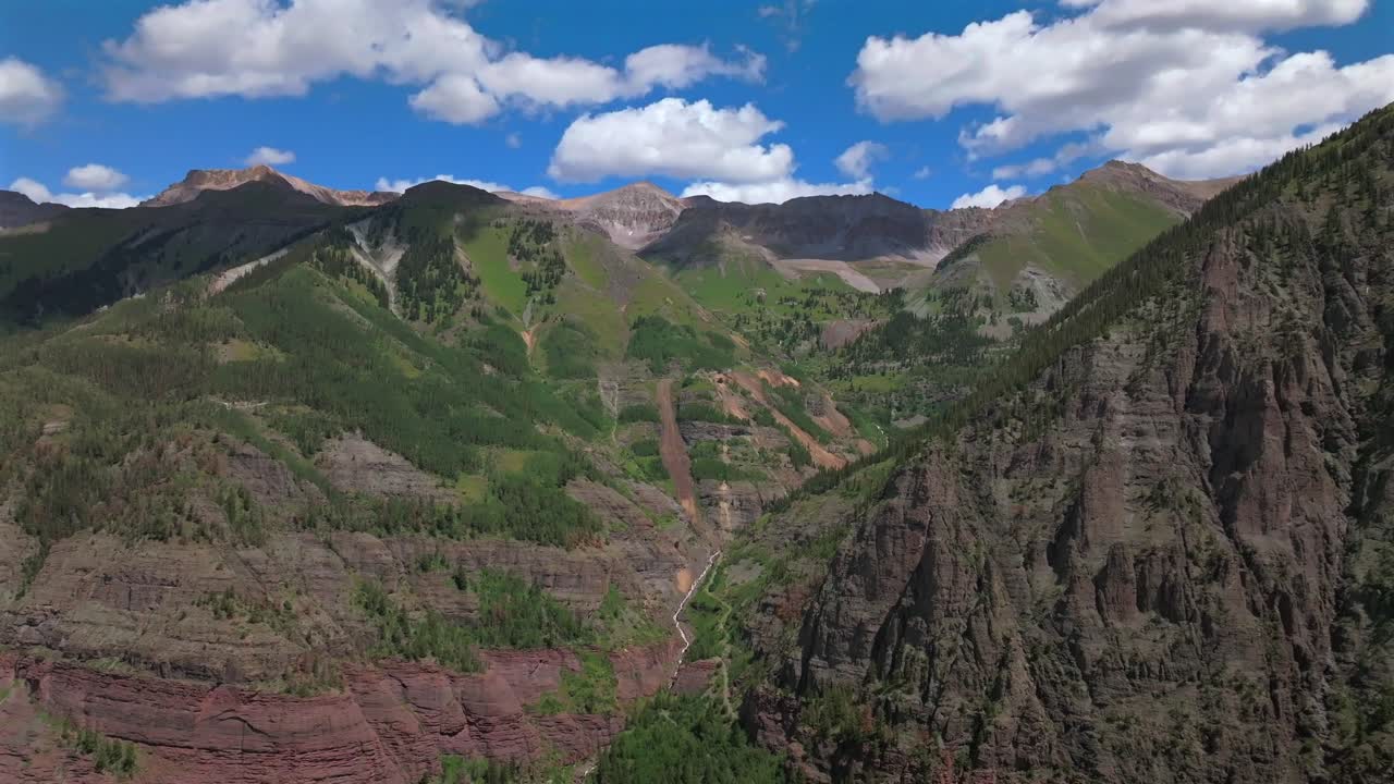 Yankee Boy Basin Colorado Black Bear Pass Road dirt road 4wd hiking blue sky cliffside valley aerial drone Ouray Ridgway Telluride summer Box Canyon Bridal Veil Falls Aspen Forest circle left motion