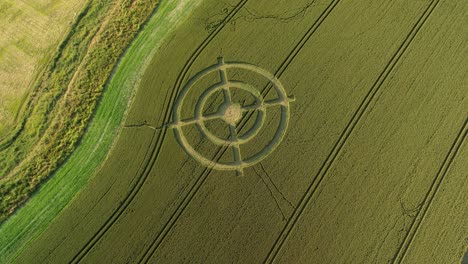 Hackpen-Hill-Misterioso-Diseño-De-Círculo-De-Cultivo-De-Campo-De-Trigo-En-Surco-Verde-Tierras-De-Cultivo-Vista-Aérea-De-ángulo-Alto-Inclinar-Hacia-Arriba-Tirar-Hacia-Atrás