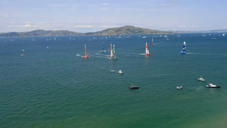 Helicopter-watching-the-leaders-in-SailGP-in-the-San-Francisco-Bay-2023---aerial-view