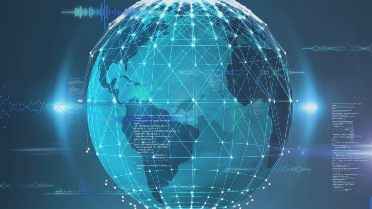 Animation of data processing and globe with connections over blue background