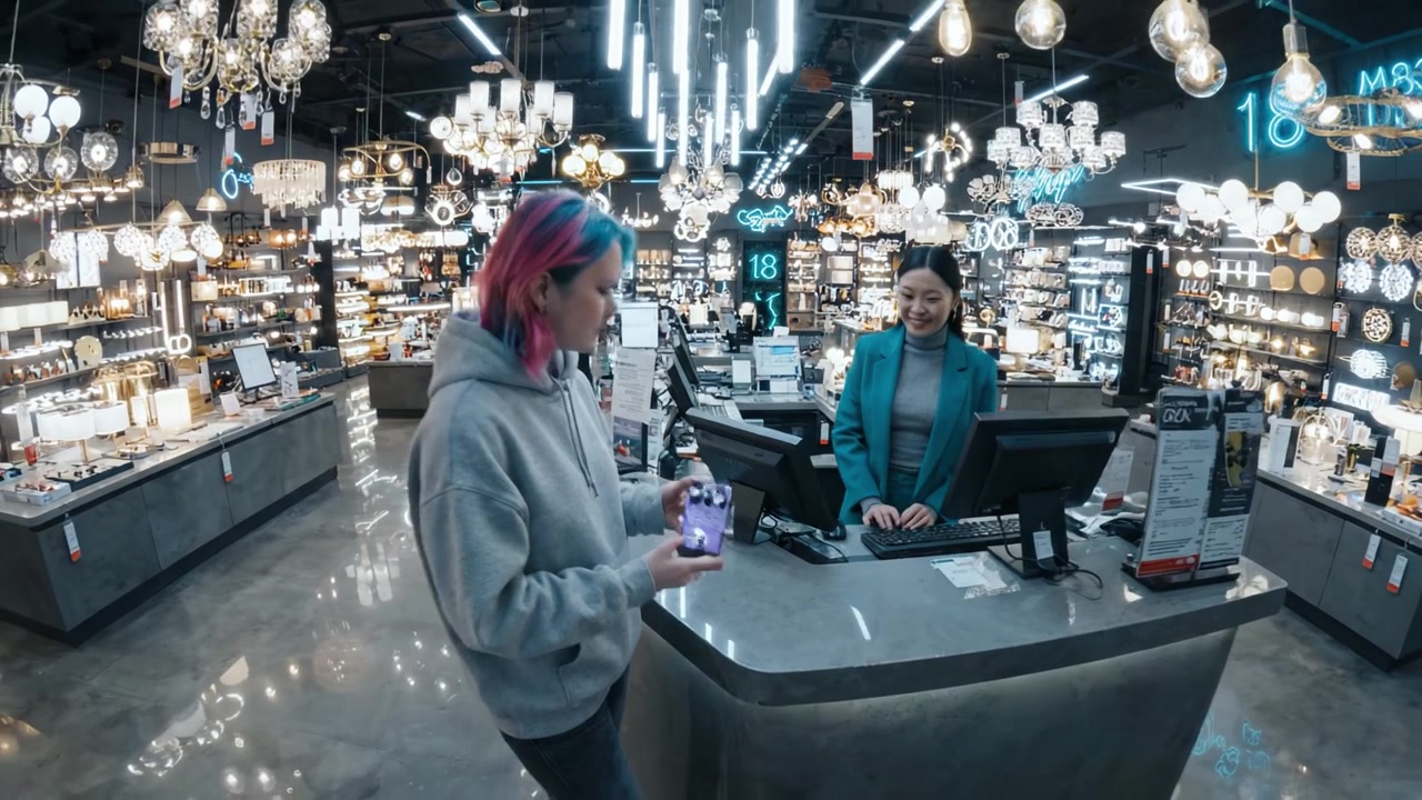 A Customer Explores a Modern Lighting Store While Engaging with a Friendly Sales Assistant Amidst a Display of Various Elegant Lighting Fixtures