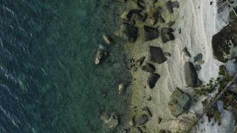 Birdseye-view-of-rugged-coastline-with-white-sand,-trees-and-big-rocks