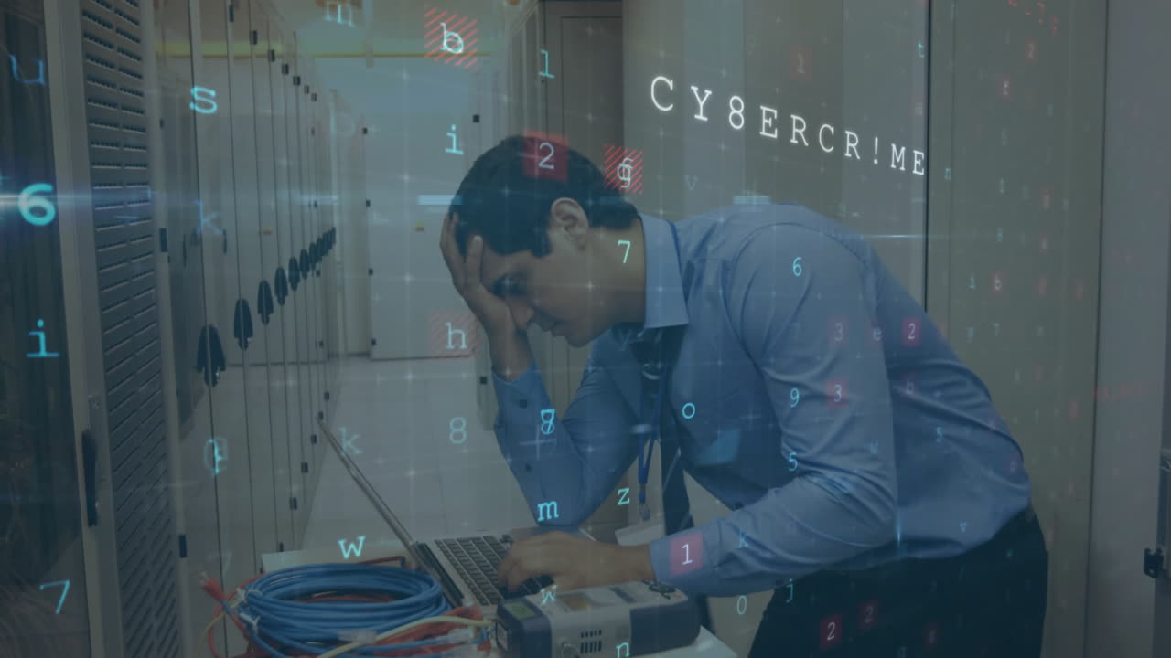 animación de procesamiento de datos con advertencia de ciberataque sobre empresario biracial en la sala de servidores