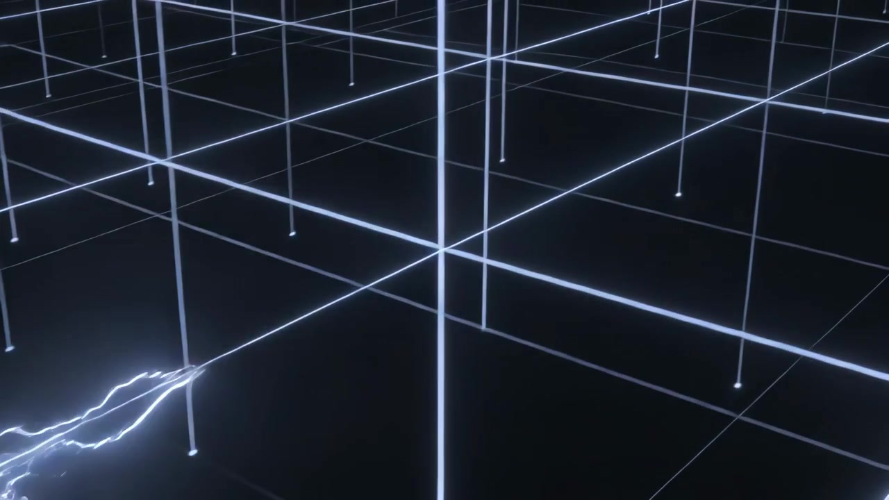 Advancing glowing avatar heading center in neon grid corridor, sparking arc mirroring avatar above