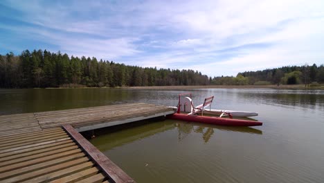 bote de pedales estacionado en un muelle de madera en un estanque rodeado por un bosque