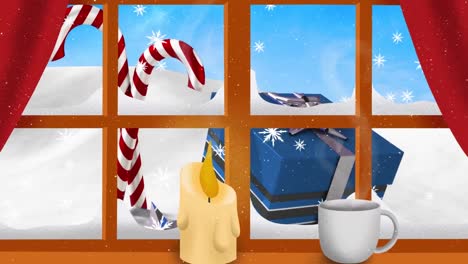 Animation-Von-Schnee,-Der-über-Das-Weihnachtsgeschenk-Hinter-Dem-Fenster-Fällt