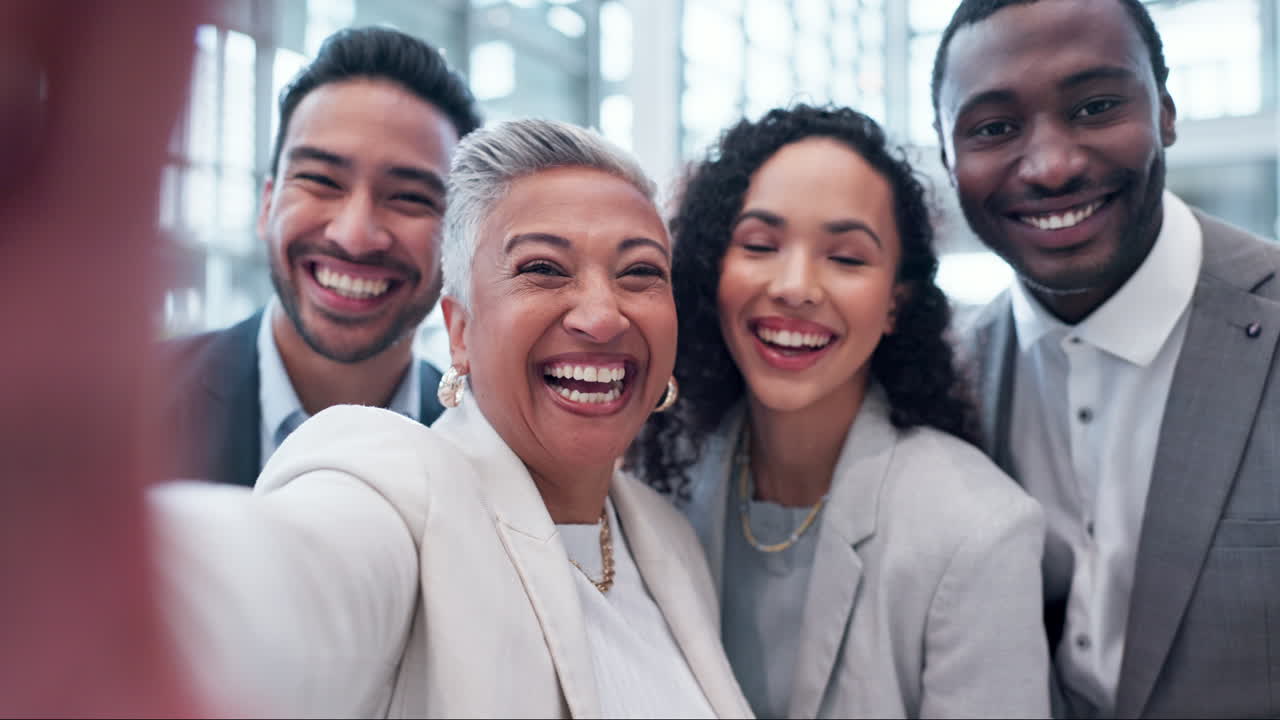 Business people, face and group selfie for social