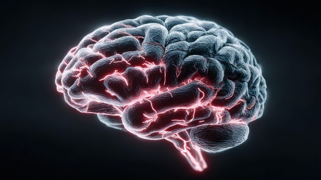 A Stunning Visualization of the Human Brain: Exploring the Intricate Structures and Neural Pathways Illuminated by Glowing Red Highlights