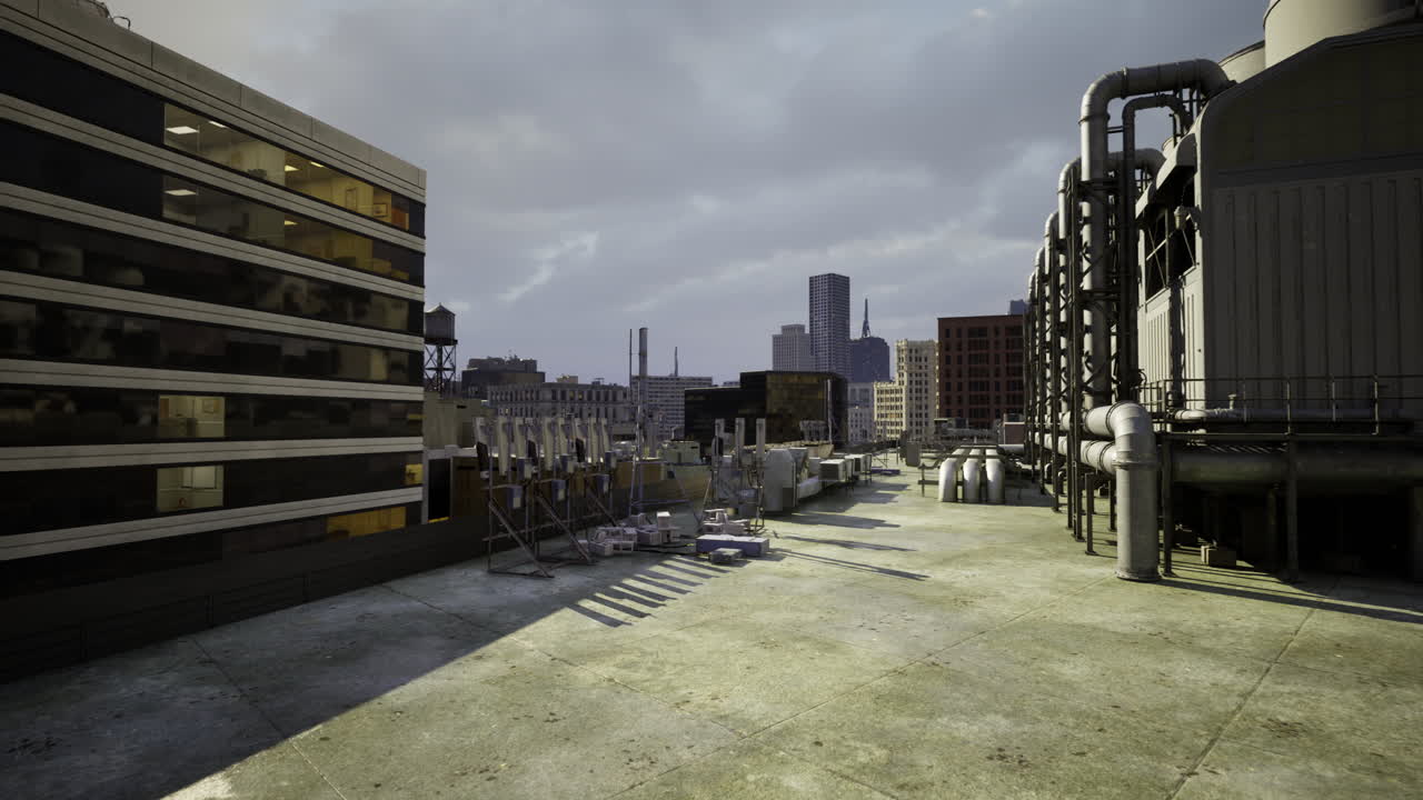 Urban rooftop industrial view with structures and skyline in the distance