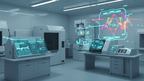 high-tech laboratory showcasing advanced equipment and futuristic technology in a clean, modern environment