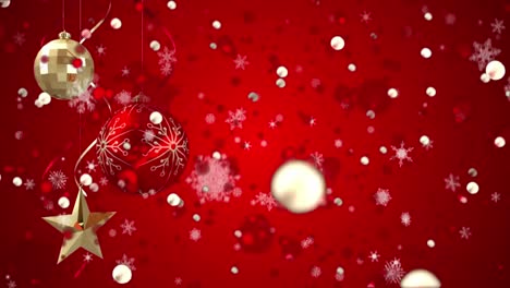 animation of red christmas baubles, snow falling on red background