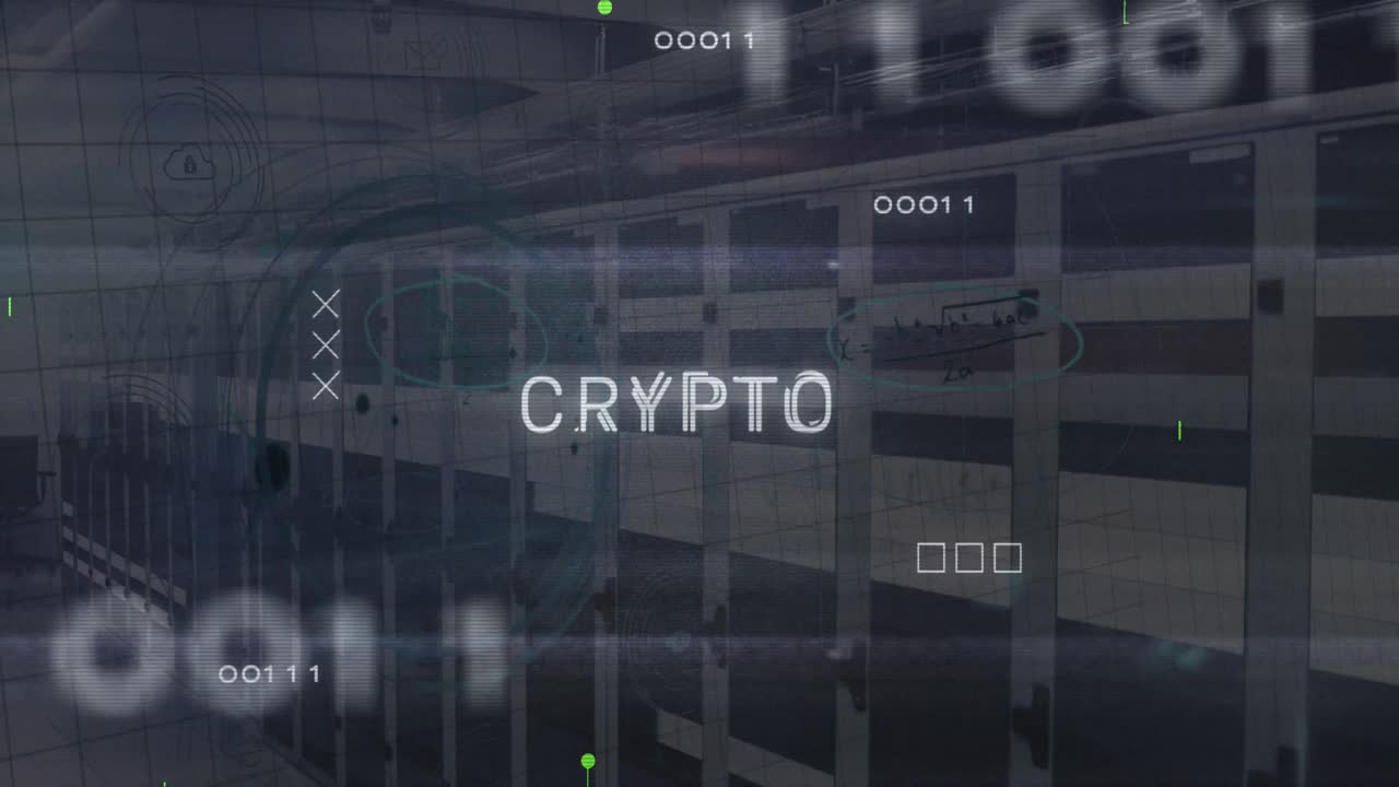 Animation of circuit board pattern, binary codes and crypto text over server room