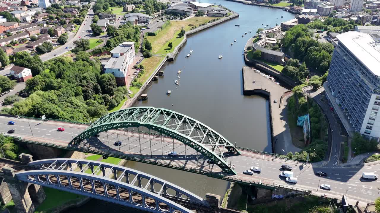 Sunderland City UK North East England Tyne And Wear Monkwearmouth Bridge Stadium Of Light River Wear Seaburn Roker Mackem British Town Drone Aerial View Footage