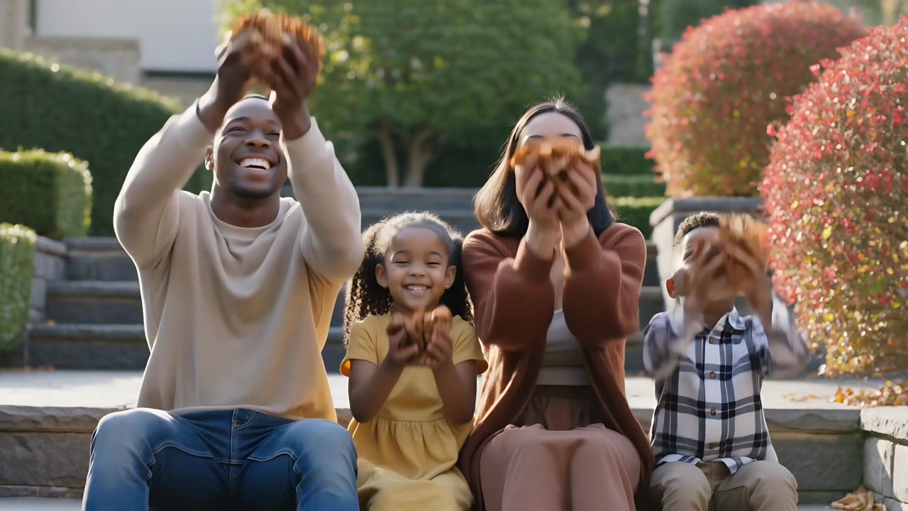 Dökülen yaprakları toplayan aile, ön bahçedeki taş merdivenlere yaprak atıyor, sonbaharı kutluyor.