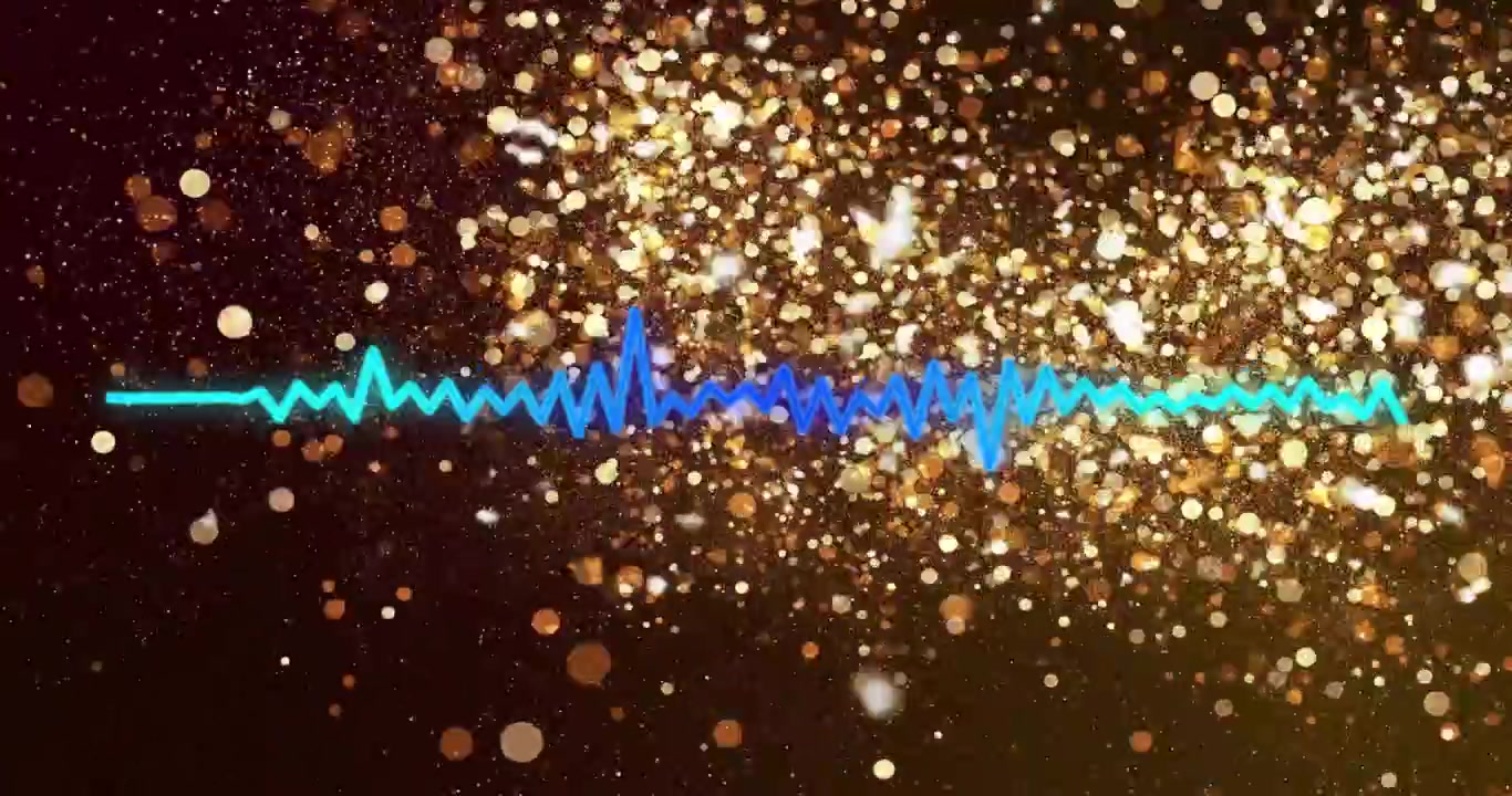 Audio waveform rising and spiking across gradient, responding to sound peaks, creating golden bokeh
