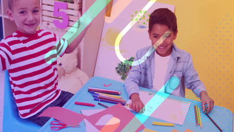 children drawing and smiling at table, colorful shapes animation over them