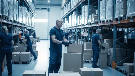 workers managing inventory and boxes in a large industrial warehouse