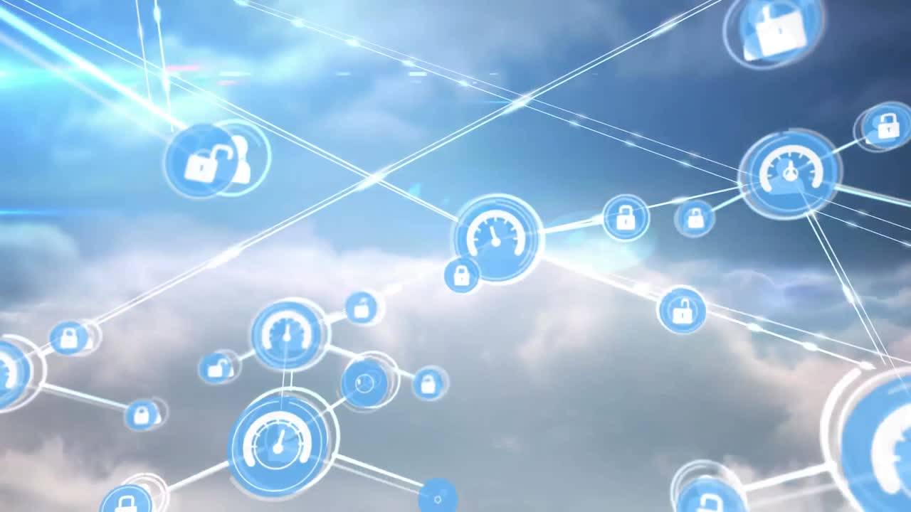 하늘 위의 아이콘으로 연결 네트워크의 애니메이션