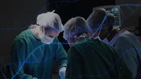 in operating room, surgeons focusing with dna strand animation overlay