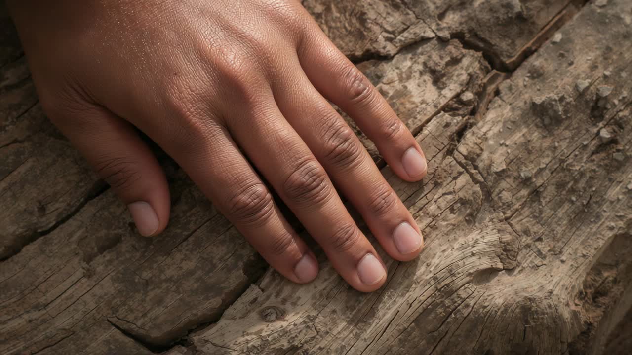 Plassere en voksen hånd som rolig hviler med små forskyvninger på en værbitt treplanke i sollys, og kjenne teksturen