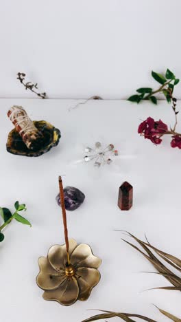 spiritual meditation space with crystals and incense