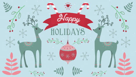 animation of happy holidays words with moving deers on christmas decorations background