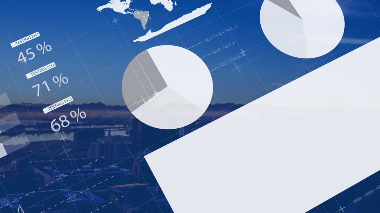 도시 풍경 위의 금융 데이터 처리 애니메이션