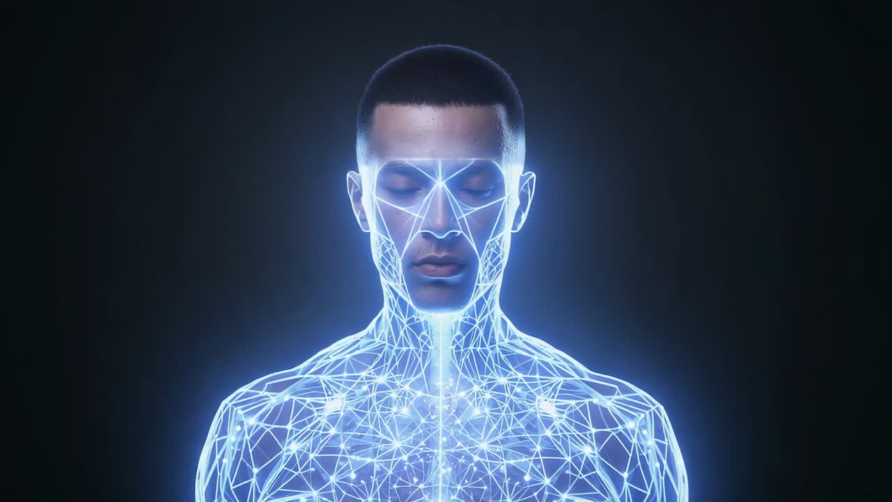 Lieve griglia toracica in formazione, un uomo immobile mentre una griglia di mappatura facciale si forma sulla sua testa per una scansione medica.
