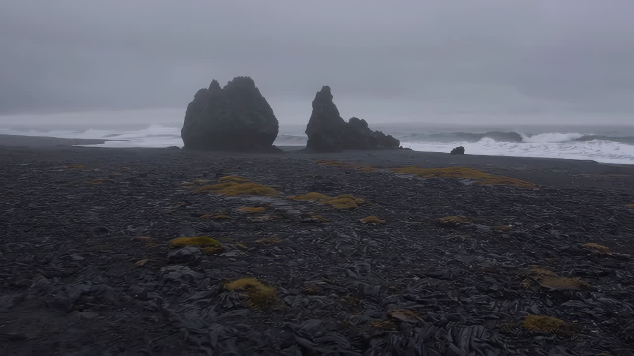 Dramatic Black Sand Beach with Sea Stacks on an Overcast Day
