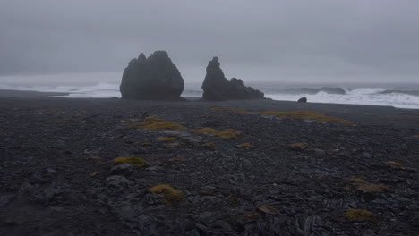 dramatic black sand beach with sea stacks on an overcast day