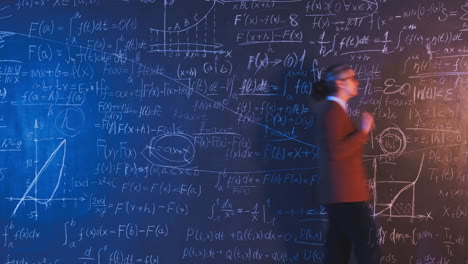 person standing in front of a chalkboard full of complex mathematical equations