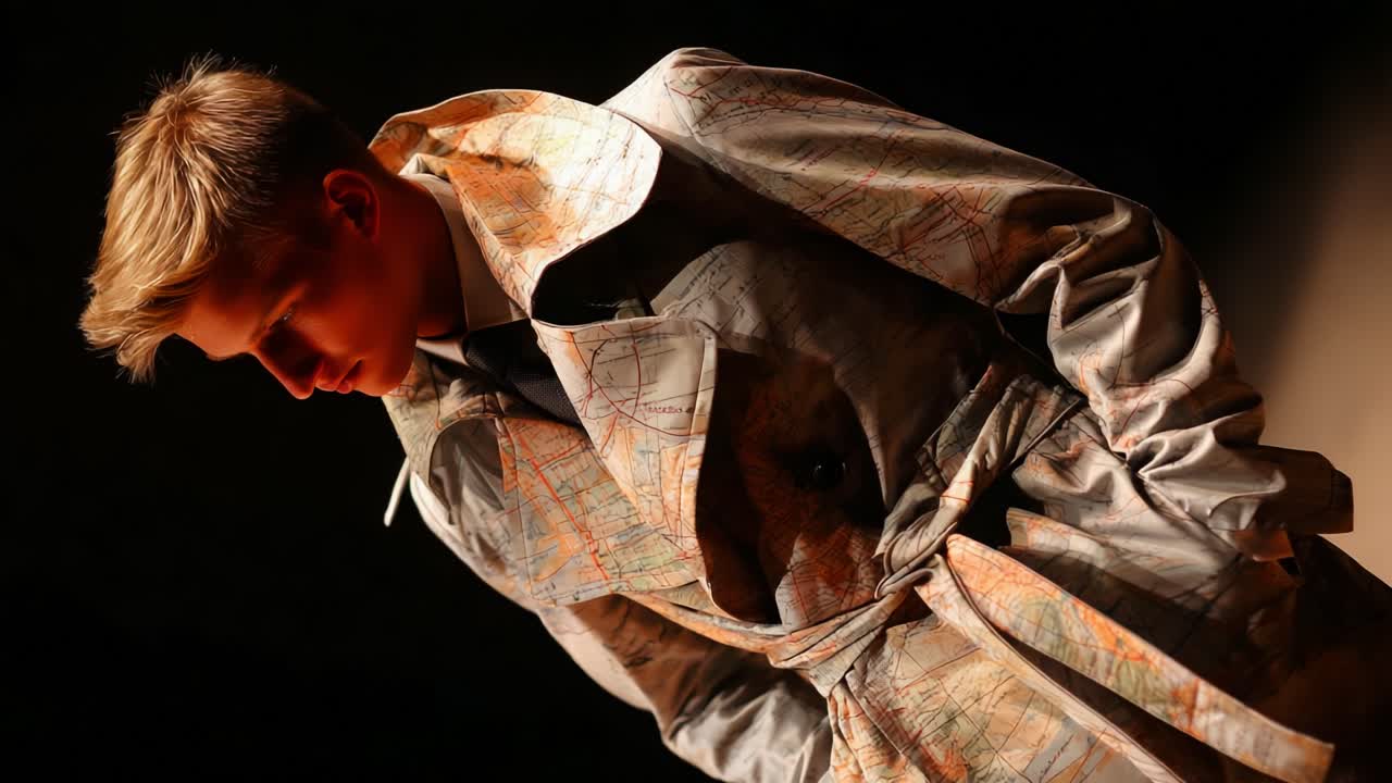 Uma vitrine de moda contemporânea com um modelo masculino moderno usando um trench coat exclusivo com estampa de mapa, capturando a elegância em diferentes ângulos com iluminação impressionante