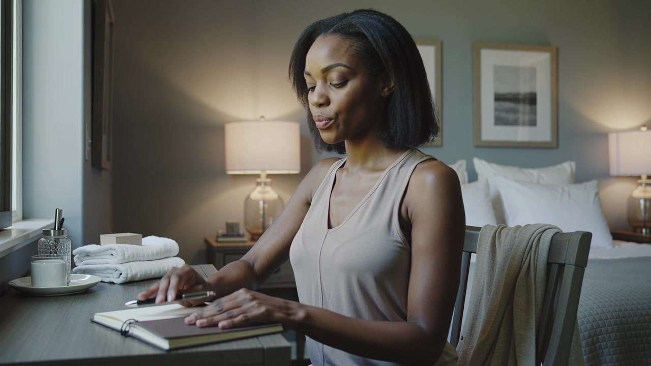 Reaching, woman in tank top opening notebook at bedroom desk with pen, flipping, writing