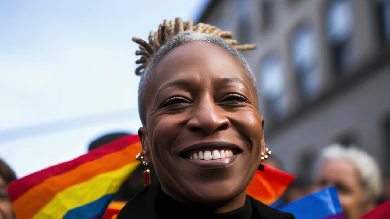 Mature black woman with rainbow flags on her shoulders smiling happily during a pride parade in the city, celebrating diversity and lgbtq plus rights