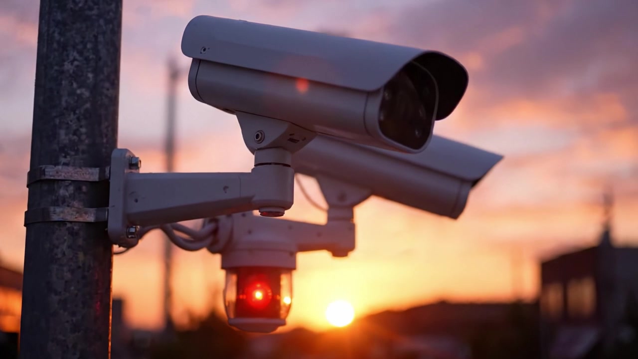 Advanced Surveillance Cameras Capturing Sunset Perspectives, Enhancing Security and Monitoring in Urban Environments, Ensuring Safety and Awareness During Twilight Hours
