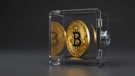 a stunning display of cryptocurrency: a gold bitcoin coin encased in a transparent vault, showcasing modern digital wealth and security in a striking visual presentation