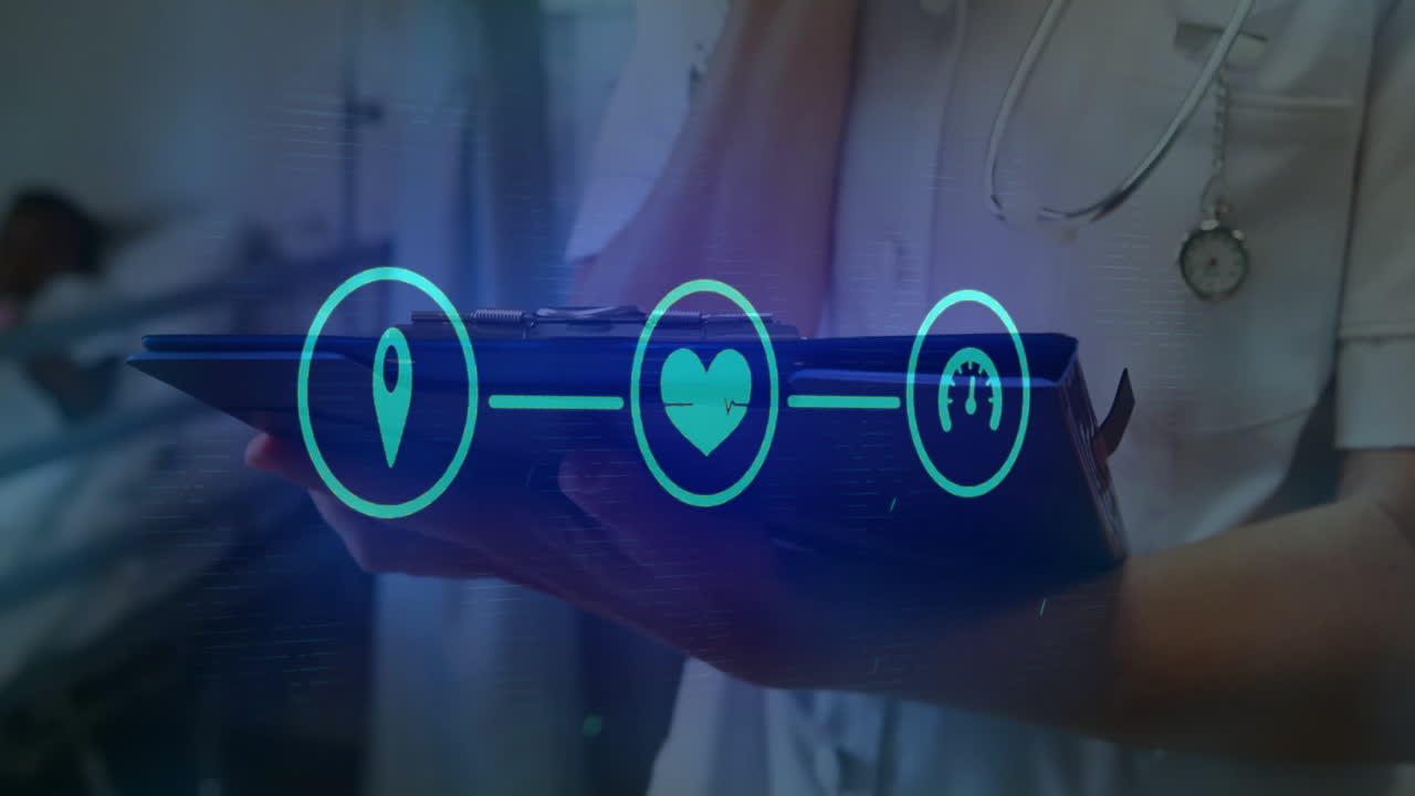 Animation of media icons over caucasian doctor writing on clipboard