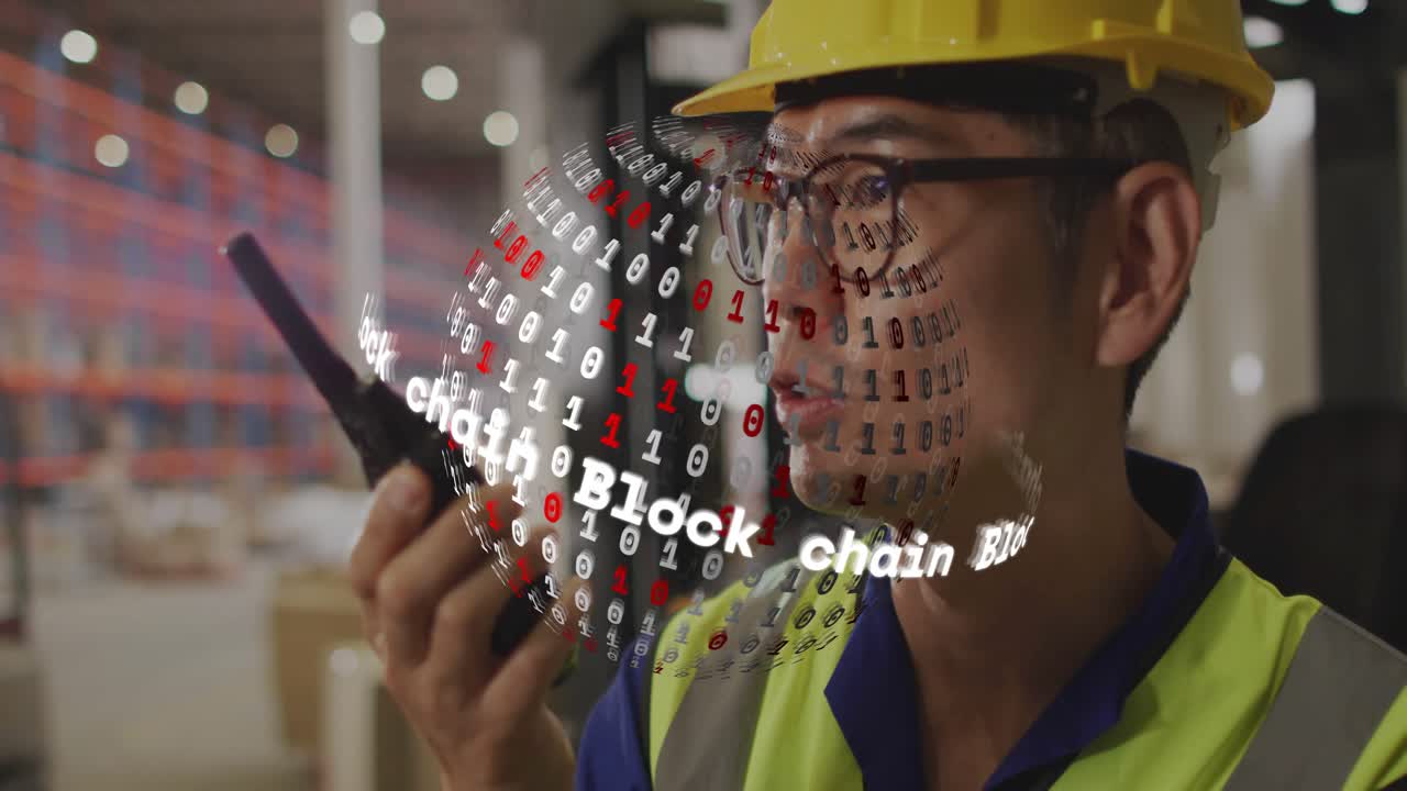 Warehouse man raising radio and speaking, managing logistics as Block chain sphere overlaying radio