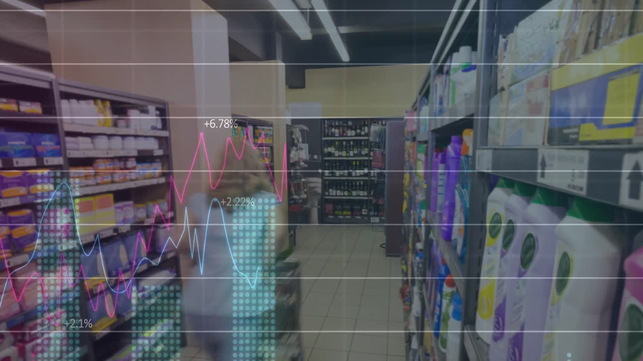 가게에서 트롤리를 가진 백인 여성에 대한 데이터 처리 애니메이션