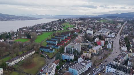 wollishofen-zurich, 호수, 현대적인 건물, 초록색, 조용한 분위기, 공중 풍경