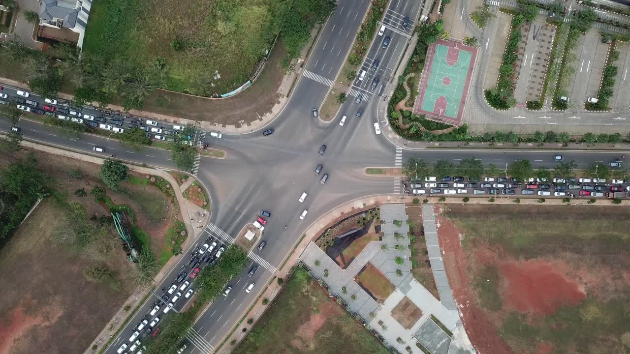 Aerial View of a Busy City Intersection with Construction