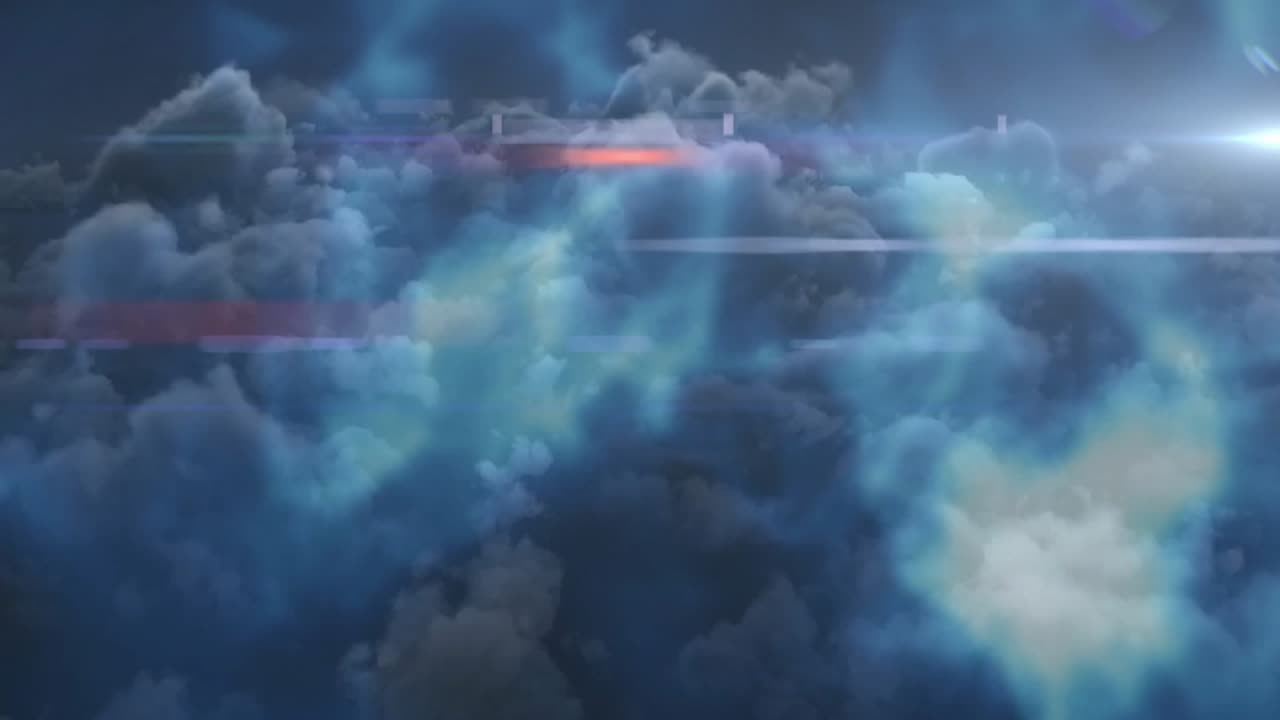 Bunte Lichtstrahlen erzeugen eine mystische Atmosphäre mit Wolken in einer Animationsszene