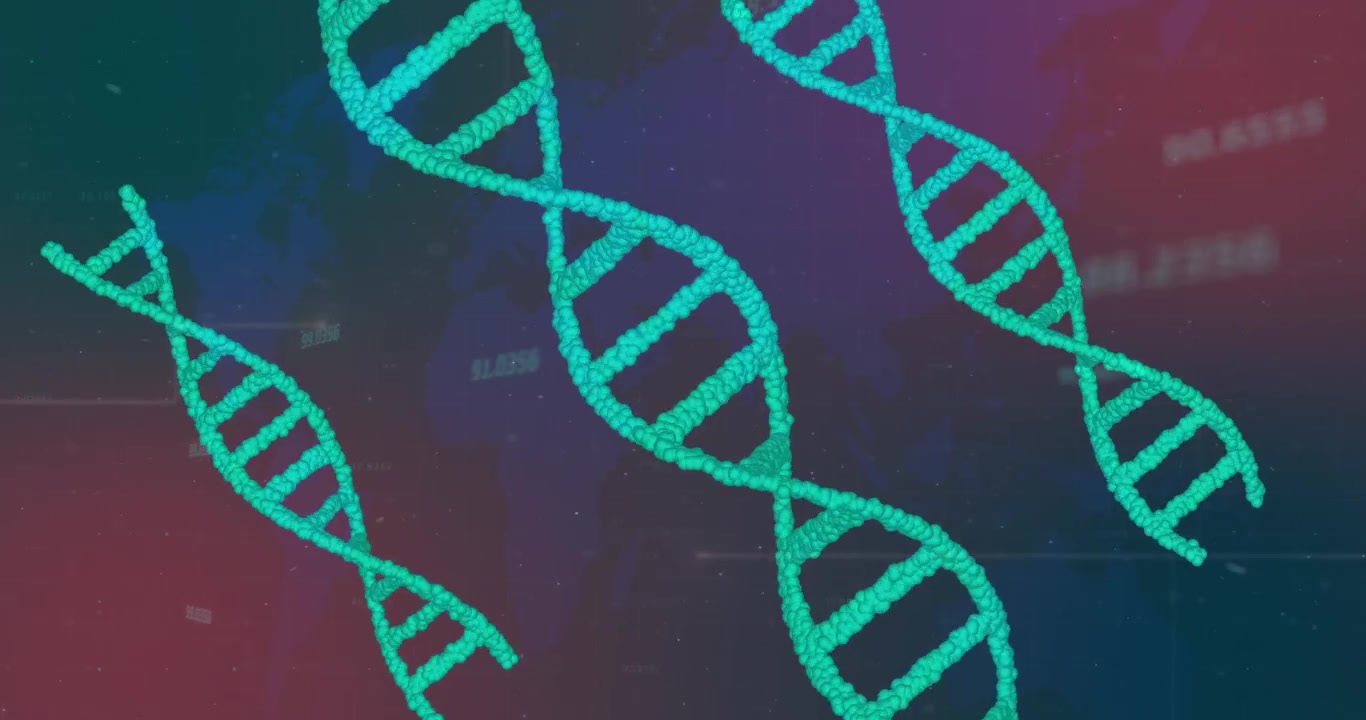 Animation of dna strands spinning and numbers processing over world map