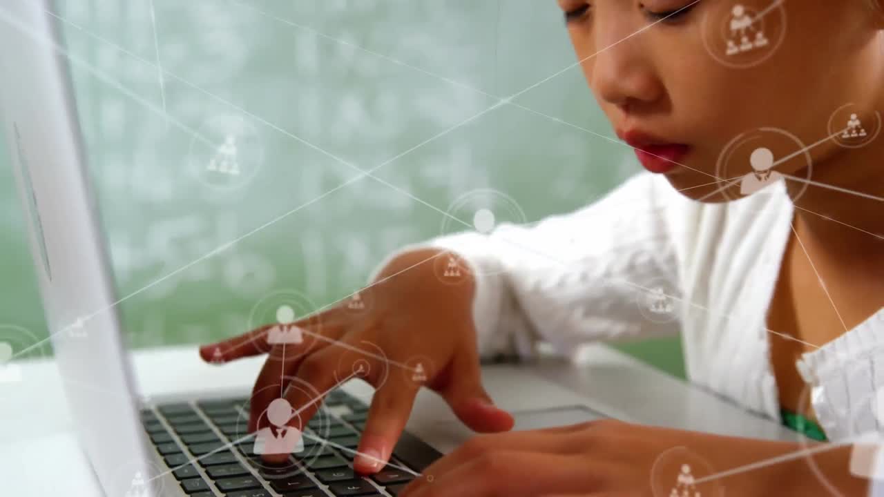 Animation of network of connections over schoolgirl using computer