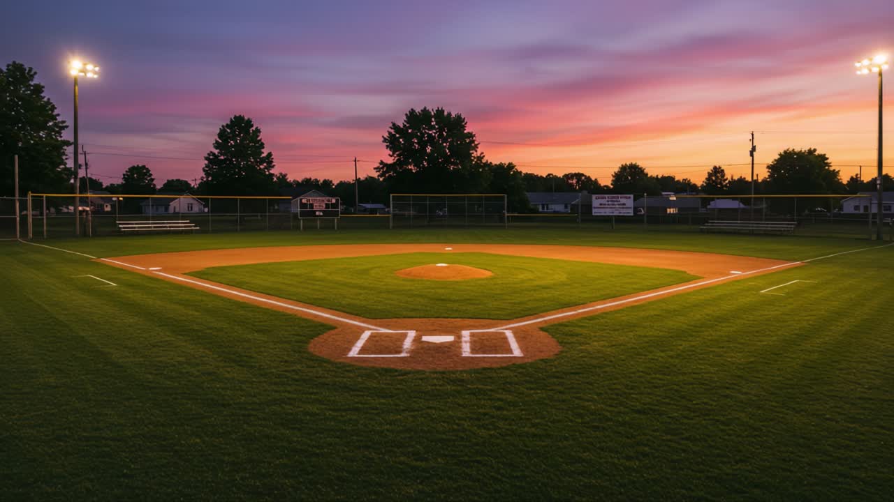 A Captivating Transition from Dusk to Twilight at a Baseball Field, Capturing the Tranquil Beauty of the Changing Sky Over the Diamond and Its Surroundings